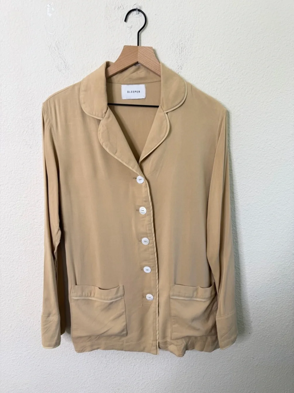 Sleeper Beige Feathers Party Pyjama Button Down Pajama‎ Lounge Top Womens Size S